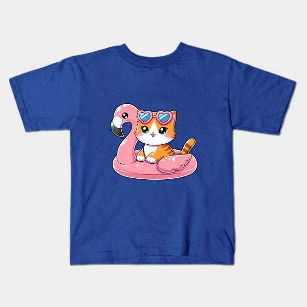 Cute Cat with Flamingo Buoy Kids T-Shirt by Arief Uchiha